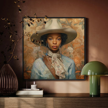 Imani - Black Lesbian Cowgirl Art Framed Canvas, Portrait Painting Woman Wide-brimmed White Hat Light Blue