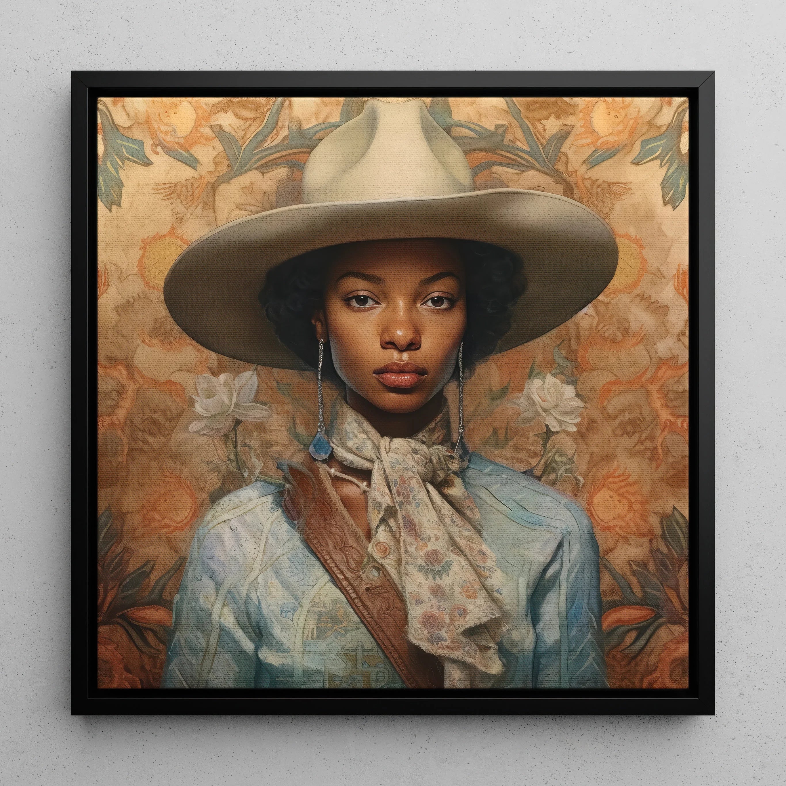 Imani Black Lesbian Cowgirl Art Framed Canvas, Portrait Woman Wide Brimmed Hat Elegant Attire Floral Background