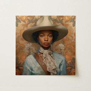 Imani - Black Lesbian Cowgirl Sapphic Art Print / Canvas Beige Wide-brimmed Hat Soft Slightly Textured Surface Worn, Elegant Outlaw