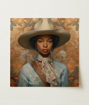 Beige Wide-brimmed Hat Soft Slightly Textured Surface Worn Black Lesbian Cowgirl, Elegant Outlaw Reminding, Sapphic Art