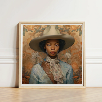 Framed Portrait Woman Wide-brimmed Beige Hat Light Blue Black Lesbian Cowgirl, Elegant Outlaw Reminding, Sapphic Art