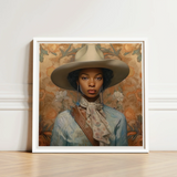 Framed Portrait Woman Wide-brimmed Beige Hat Light Blue Black Lesbian Cowgirl, Elegant Outlaw Reminding, Sapphic Art
