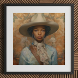 Imani - Black Lesbian Cowgirl Sapphic Art Print / Canvas Beige Wide-brimmed Hat Floral Patterned Scarf Brown Leather Black Lesbian Cowgirl,