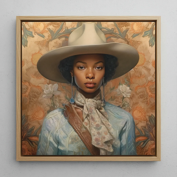 Imani - Black Lesbian Cowgirl Sapphic Art Print / Canvas Framed Portrait Woman Wide-brimmed Beige Hat Light Blue Black Lesbian Cowgirl,