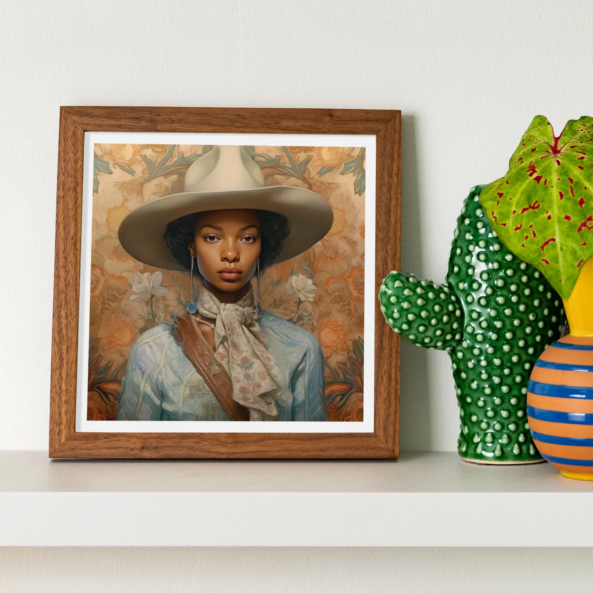 Imani - Black Lesbian Cowgirl Sapphic Art Print, Framed Artwork Portrait Wide-brimmed Gray Hat Light Blue