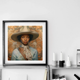 Imani - Black Lesbian Cowgirl Sapphic Art Print, Framed Portrait Painting Figure Wide-brimmed Gray Hat Light
