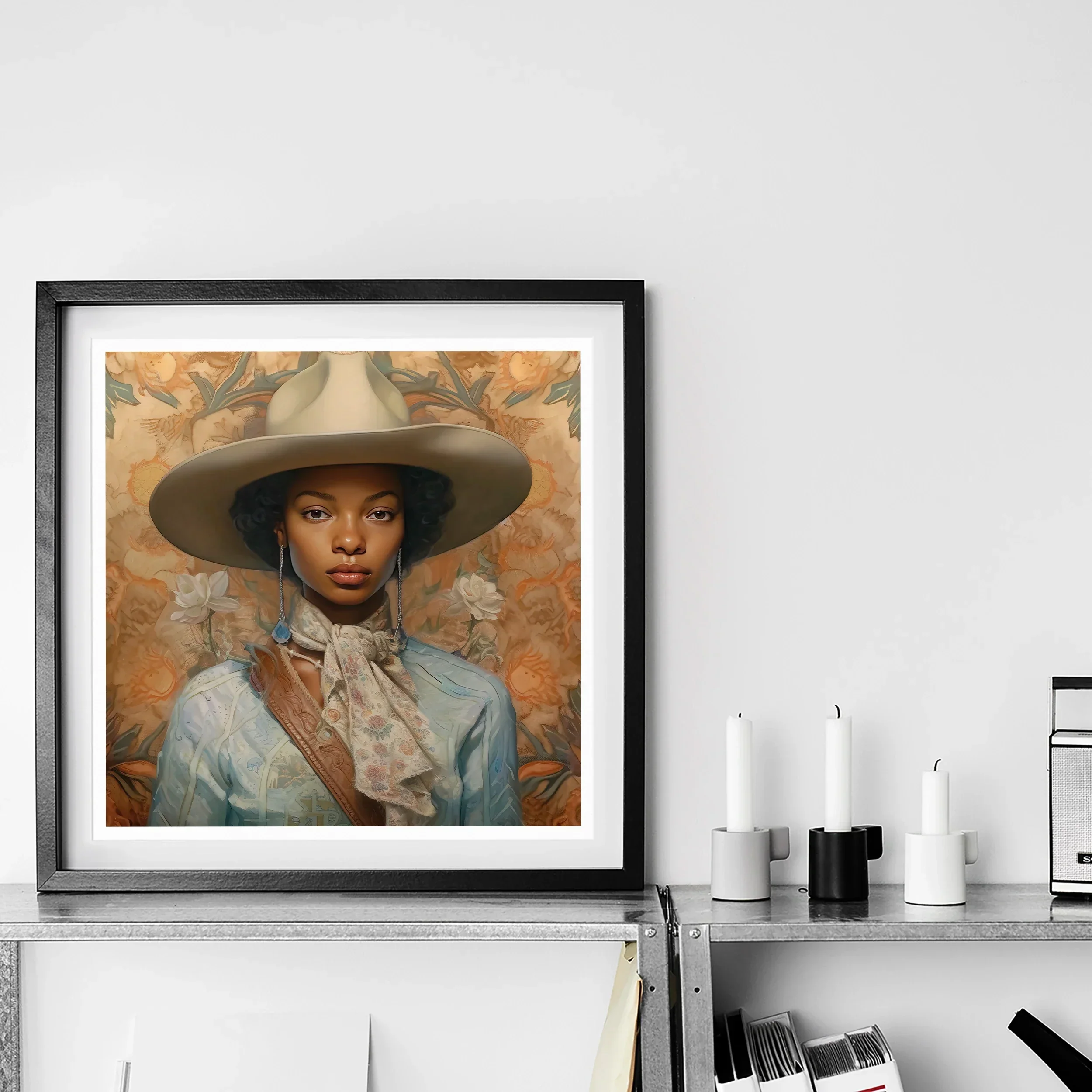 Imani Black Lesbian Cowgirl Sapphic Art Print, Framed Portrait Painting Figure Wide Brimmed Gray Hat Light