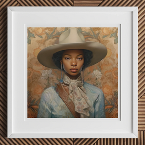 Imani - Black Lesbian Cowgirl Sapphic Art Print, Portrait Painting Wide-brimmed Hat Ruffled Blouse