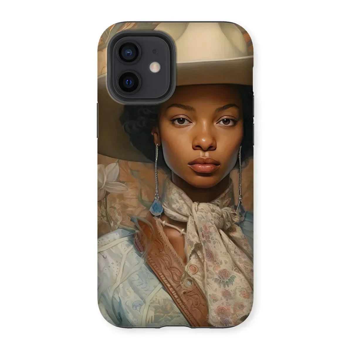 Imani - Black Sapphic Cowgirl Iphone Case, 12 / Matte, Phone Case Portrait Woman Wide-brimmed Hat Floral Scarf