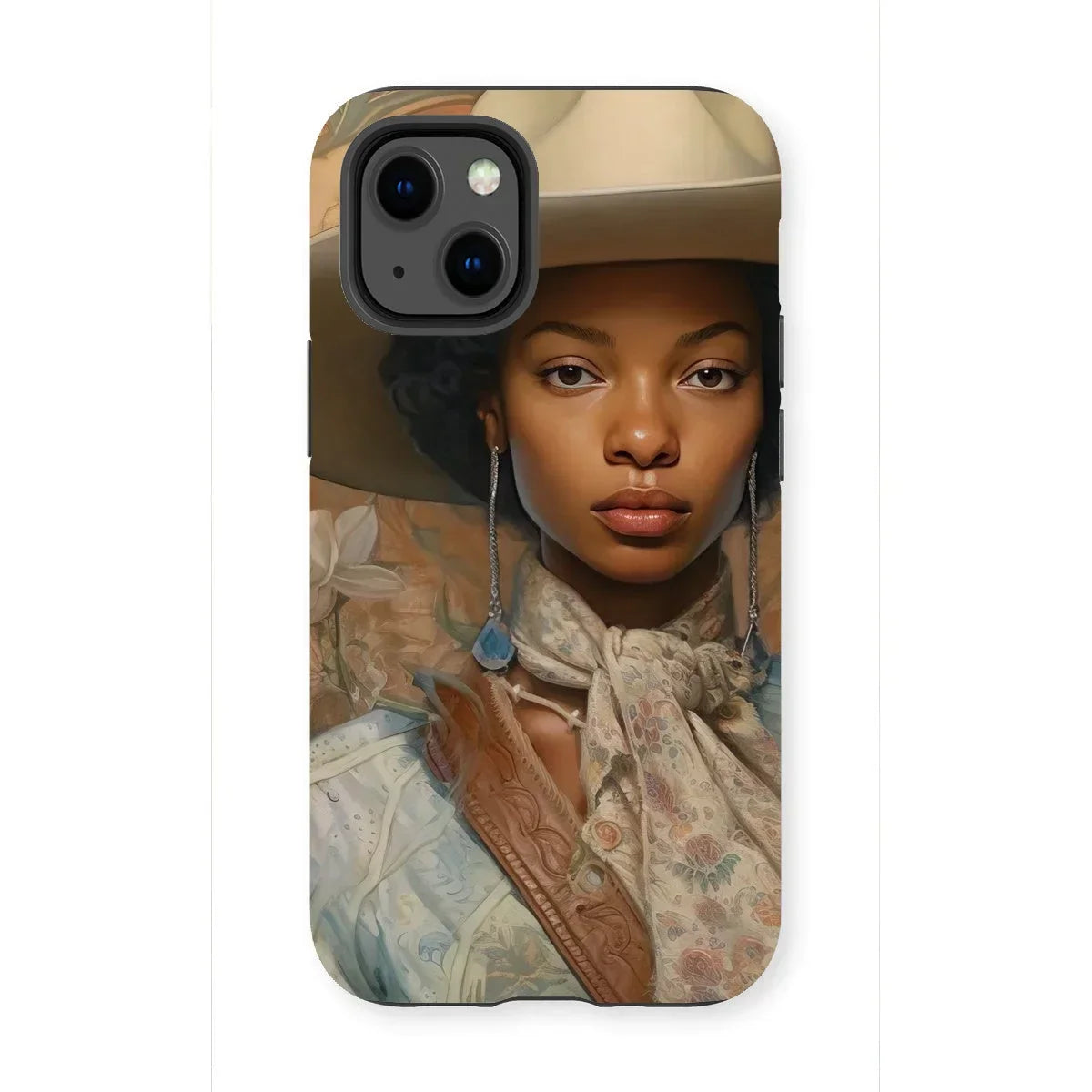 Imani - Black Sapphic Cowgirl Iphone Case, 13 Mini / Matte, Phone Case Portrait Woman Wide-brimmed Hat Floral Scarf