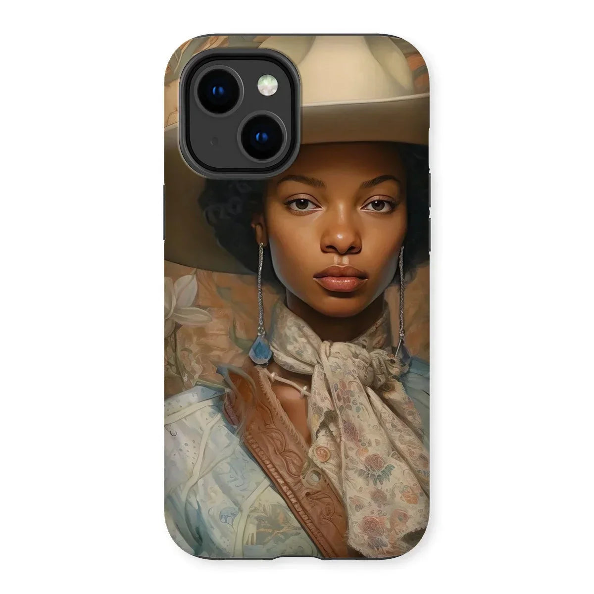 Imani - Black Sapphic Cowgirl Iphone Case, 14 Plus / Matte, Phone Case Portrait Woman Wide-brimmed Hat Floral Scarf