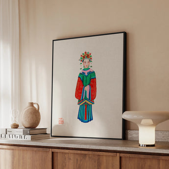 Imperial Princess - Qing Dynasty Art Framed Canvas, Framed Artwork Figure Traditional Chinese Dress Floral Headdress