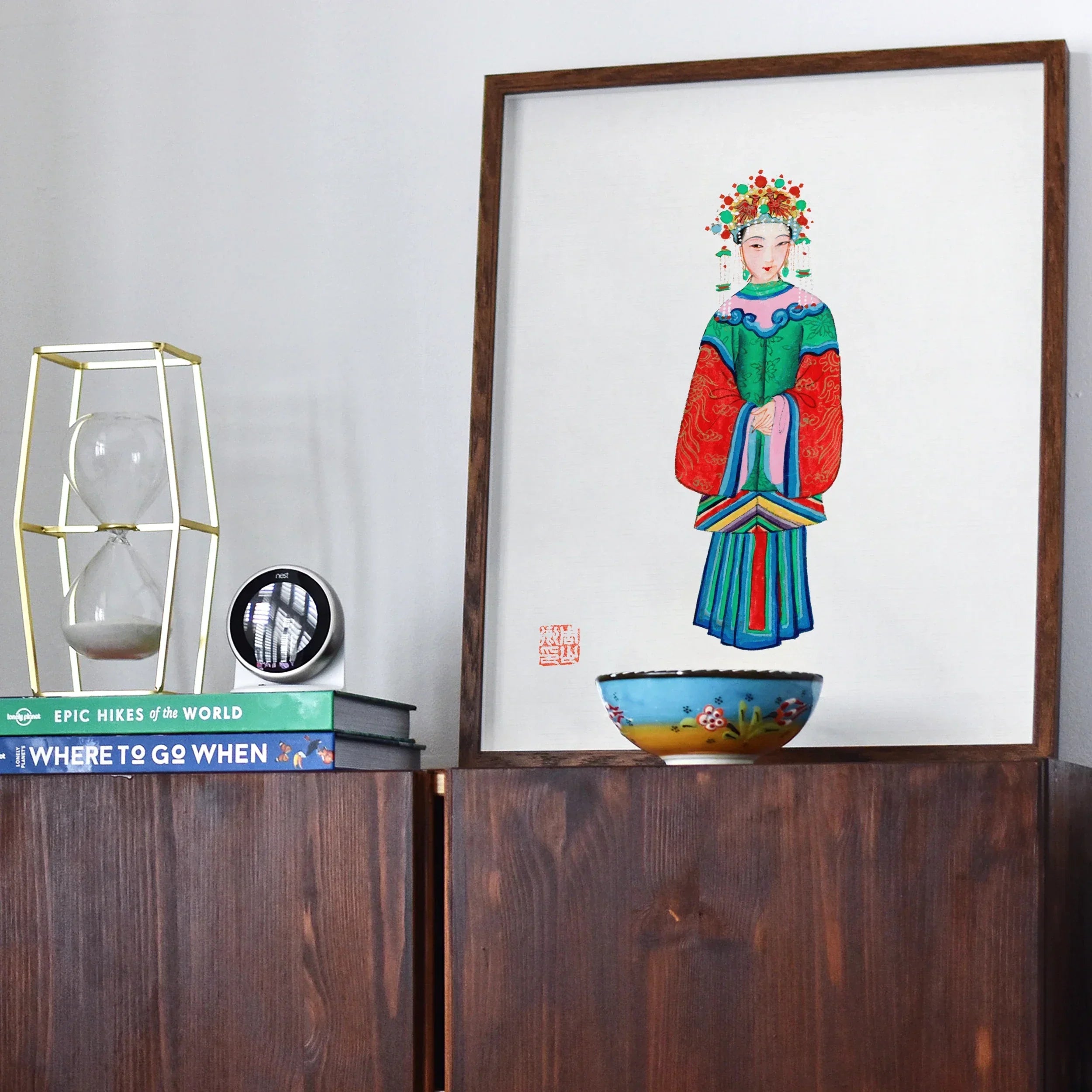Imperial Princess Qing Dynasty Fashion Art Print, Framed Watercolor Illustration Figure Traditional Chinese Dress Floral