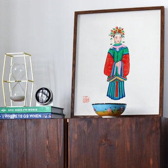 Imperial Princess - Qing Dynasty Fashion Art Print, Framed Watercolor Illustration Figure Traditional Chinese Dress Floral