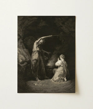 Black-and-white Dramatic Scene Robed Figure Sword Woman Dark John Dixon Art, Chalked Circumference Flickering, Furnace Glow