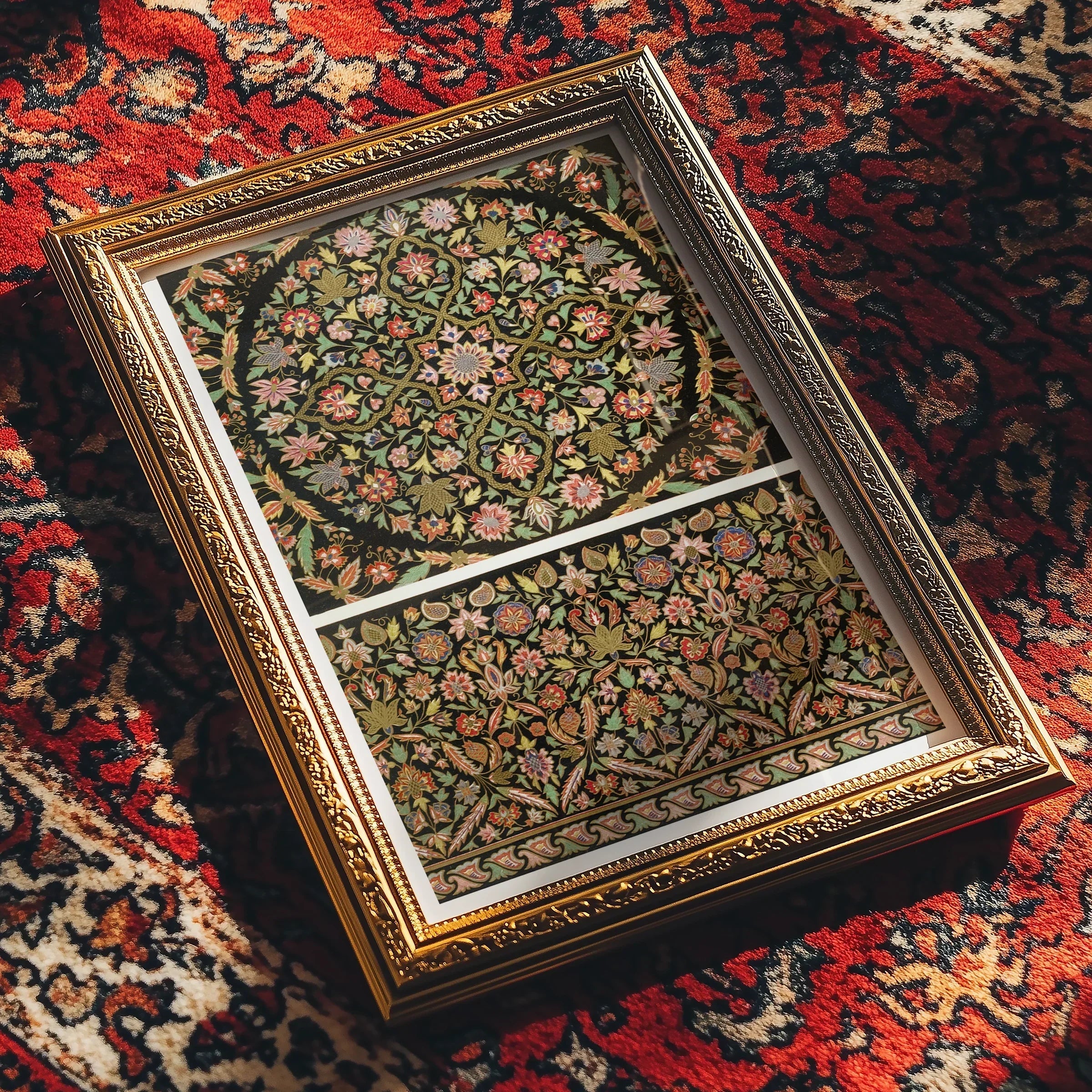 Indian Embroidery Matthew Digby Wyatt Art Print, Ornate Gold Framed Mirror Intricate Floral Patterns Two Panels