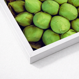 White-framed Canvas Print Close-up Vibrant Green Brussels Sprouts Emerald Lotus, Verdant Vortex, Bud