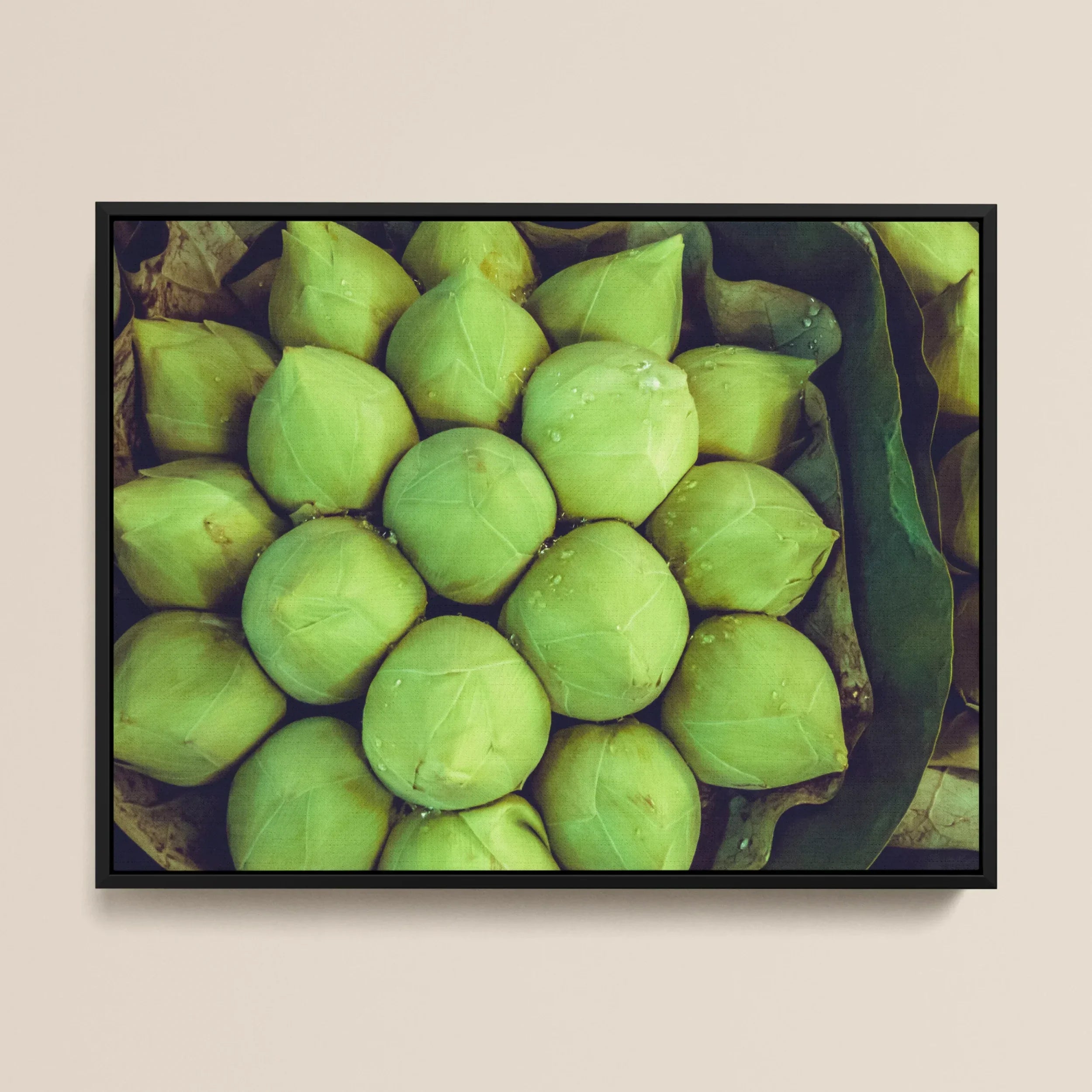 Ingenues - Green Lotus Bud Framed Canvas, Cluster Bright Green Limes Arranged Tightly