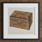 Inlaid Sewing Box - Francis Law Durand Folk Art Print, 12x12’’ / 31x31cm / Black Frame / 2’’ Matboard, Ornate Wooden Box Intricate