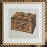 Inlaid Sewing Box - Francis Law Durand Folk Art Print, 12x12’’ / 31x31cm / Natural Frame / 2’’ Matboard, Intricately Patterned Wooden Box