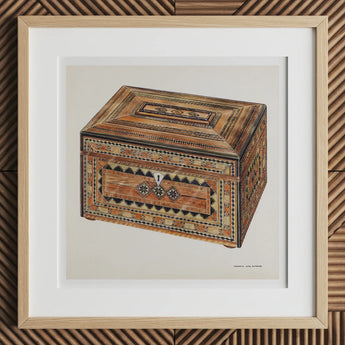 Inlaid Sewing Box - Francis Law Durand Folk Art Print, 12x12’’ / 31x31cm / Natural Frame / 2’’ Matboard, Intricately Patterned Wooden Box