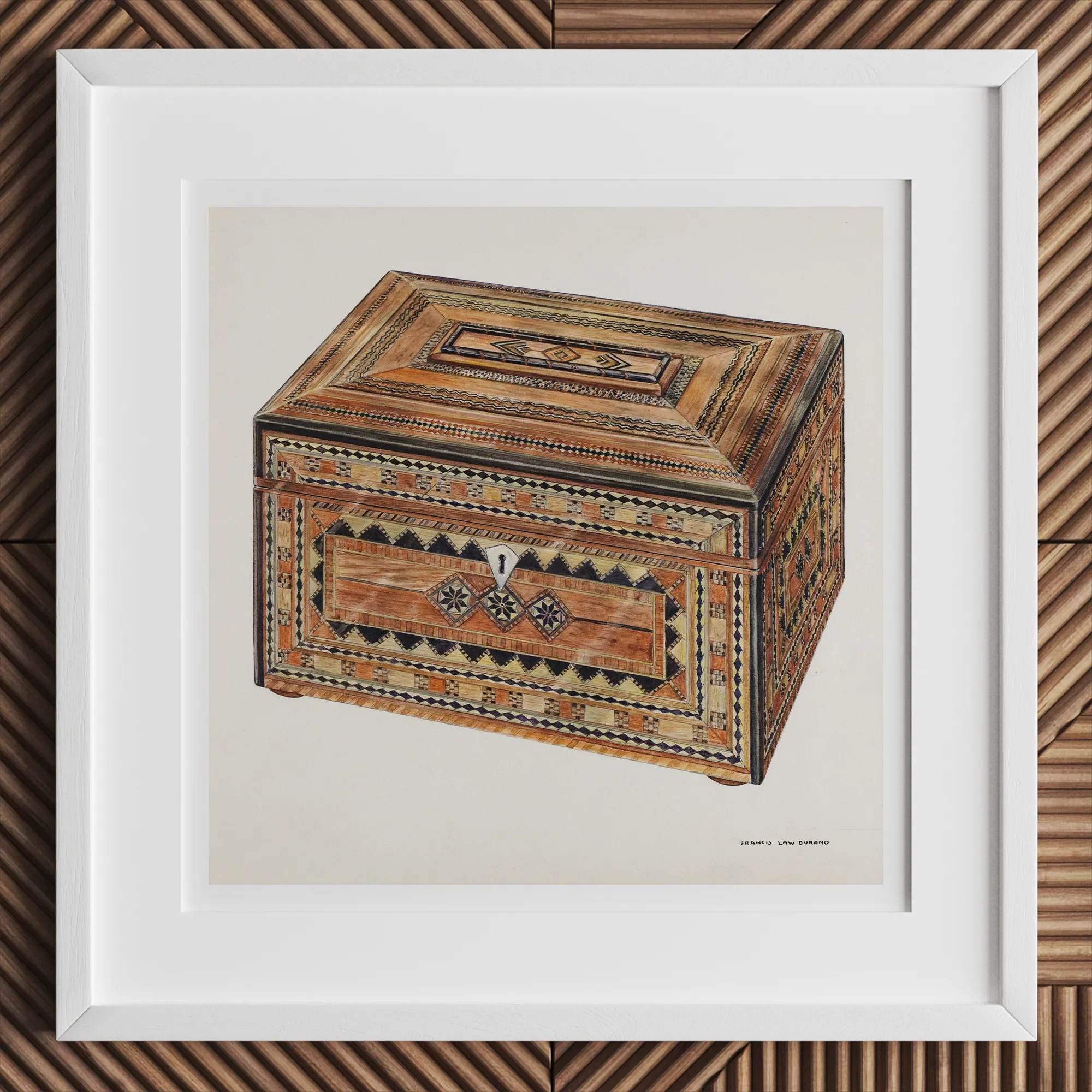 Inlaid Sewing Box - Francis Law Durand Folk Art Print, 12x12’’ / 31x31cm / White Frame, Ornate Wooden Box Intricate Geometric Patterns