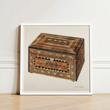 Framed Watercolor Illustration Intricately Inlaid Wooden Box Geometric Francis Law Durand, Exquisite, Masterpiece