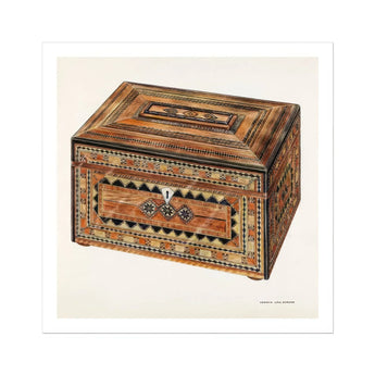 Inlaid Sewing Box - Francis Law Durand Folk Art Print / Canvas Ornately Decorated Wooden Geometric Patterns Inlay Work, Exquisite,