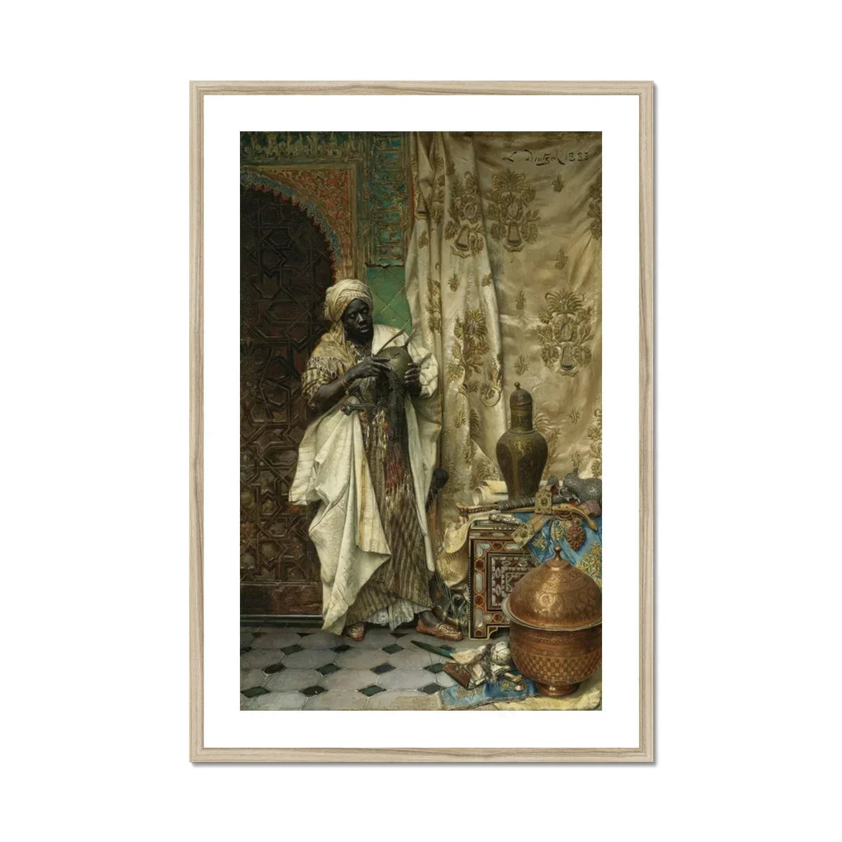 Inspection Ludwig Deutsch Orientalism Art Print, Figure White Robes Turban Examines Decorative Vessel