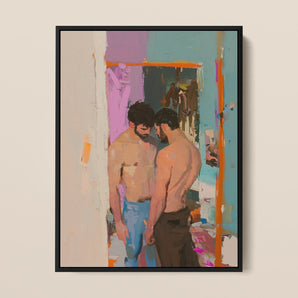 Interlude - Hungover Gay Hookup Framed Canvas, 12x16’’ / 31x41cm / Black Floating Frame, Framed Painting Two Men