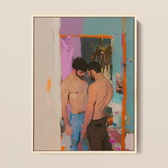 Interlude - Hungover Gay Hookup Framed Canvas, 12x16’’ / 31x41cm / Natural Floating Frame, Framed Painting Two Shirtless Men Colorful