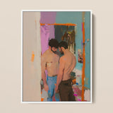 Interlude - Hungover Gay Hookup Framed Canvas, 12x16’’ / 31x41cm / White Floating Frame, Colorful Framed Painting Two Shirtless Men