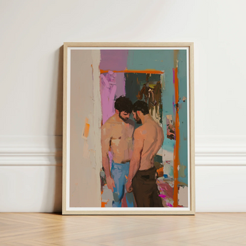 Framed Abstract Painting Two Shirtless Men Colorful Textured Gay Motel Hookup, Art, Press