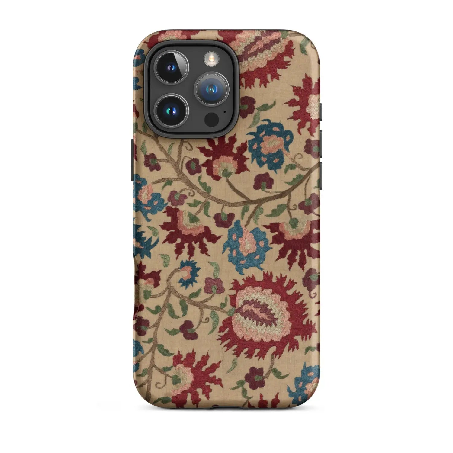 Beige floral textile art iPhone case with red blue flowers