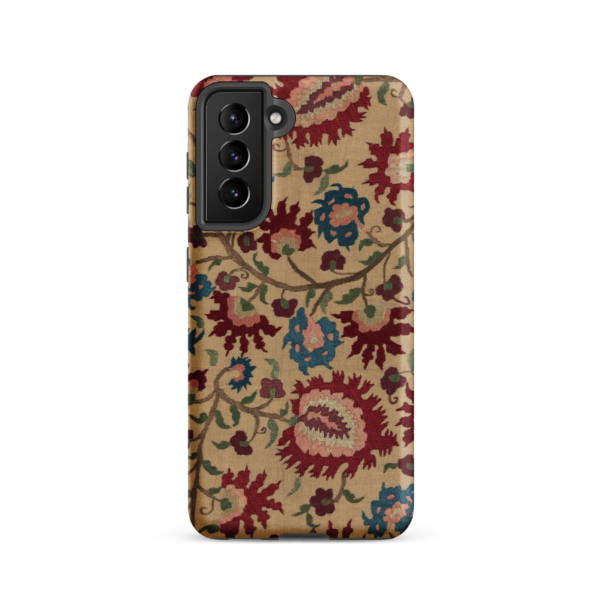 Ionian Islands Embroidery Textile Folk Art Samsung Case, Galaxy S21 / Matte, Smartphone Case Beige Background Colorful Floral Pattern Black