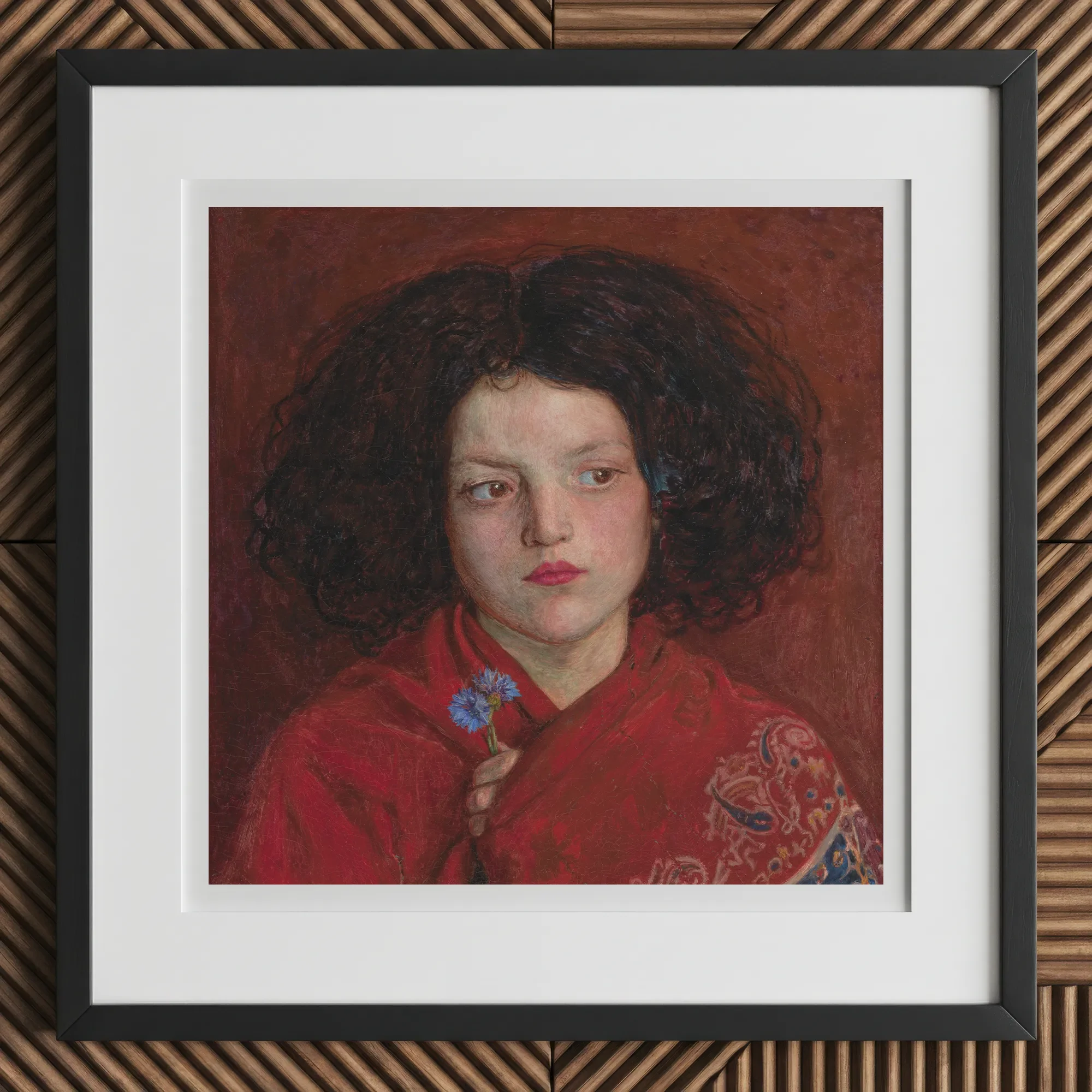 Irish Girl - Ford Madox Brown Art Print, 12x12’’ / 31x31cm / Black Frame, Framed Painting Young Girl Red Shawl Blue Flower