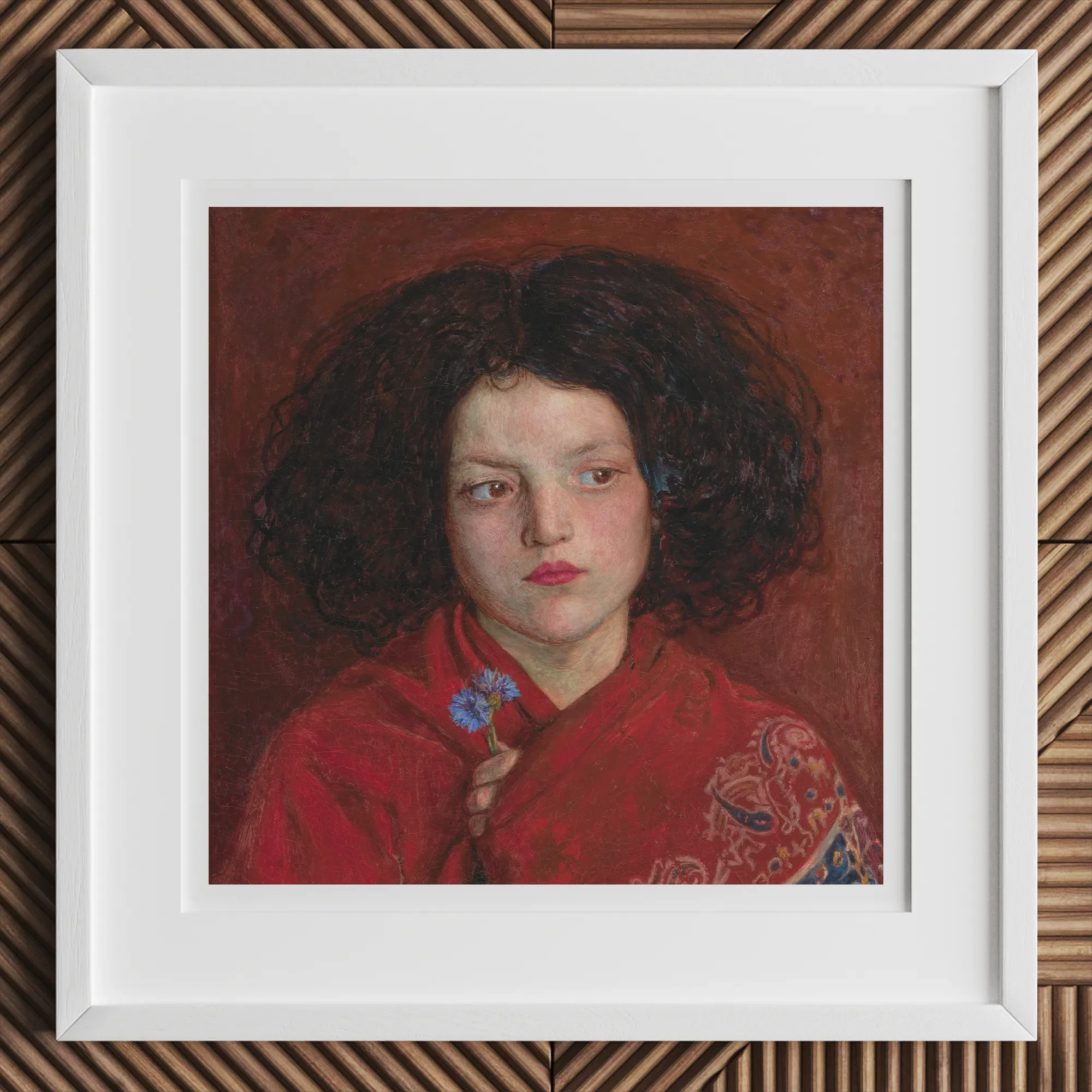 Irish Girl - Ford Madox Brown Art Print, 12x12’’ / 31x31cm / White Frame, White Framed Artwork Young Girl Dark Hair Red