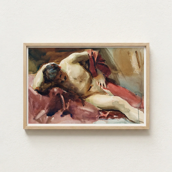 Framed Painting Nude Figure Red Fabric Rendered Soft Italian Model, Male, Time Sargent Made, Gilded Age Offered, Reclining, Sojourn Work