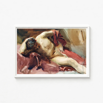 Framed Watercolor Painting Nude Figure Draped Red Fabric Italian Model, Male, Time Sargent Made, Gilded Age Offered, Reclining, Sojourn Work