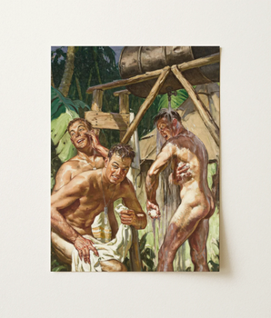 Vintage-style Watercolor Painting Three Muscular Men Jungle Showered American Custom, Tree Line, Cold Water Hits, Clean Art Print, Oil Drum