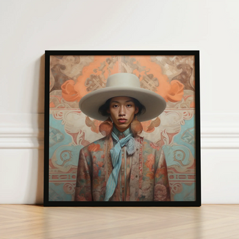Iyaan - Gay Malay Cowboy Dandy Art Print / Canvas Framed Portrait Person Ornate Wide-brimmed Hat Patterned Attire Elegant Malaysian