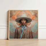 Iyaan - Gay Malay Cowboy Dandy Art Print / Canvas Framed Portrait Person Wide-brimmed White Hat Patterned Jacket Elegant Malaysian