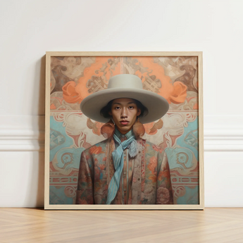 Iyaan - Gay Malay Cowboy Dandy Art Print / Canvas Framed Portrait Person Wide-brimmed White Hat Patterned Jacket Elegant Malaysian