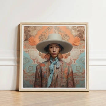 Iyaan - Gay Malay Cowboy Dandy Art Print / Canvas Framed Portrait Person Off-white Wide-brimmed Hat Patterned Jacket Elegant Malaysian