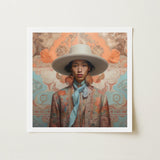 Iyaan - Gay Malay Cowboy Dandy Art Print / Canvas Square-framed Artwork Person Wide-brimmed White Hat Patterned Coat Elegant Malaysian