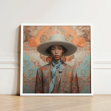 Iyaan - Gay Malay Cowboy Dandy Art Print / Canvas Framed Portrait Person Ornate Wide-brimmed Hat Patterned Attire Elegant Malaysian