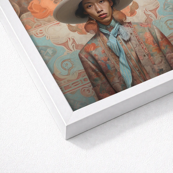 Iyaan - Gay Malay Cowboy Dandy Art Print / Canvas Framed Portrait Person Ornate Patterned Coat Teal Accents Elegant Malaysian Outlaw’s,