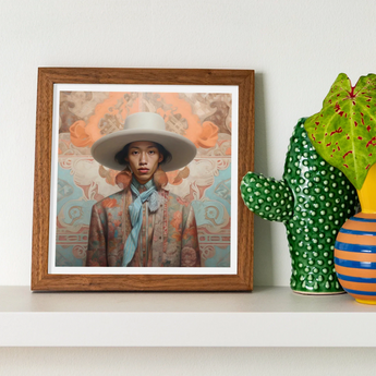 Iyaan - Gay Malay Cowboy Dandy Art Print / Canvas Framed Portrait Person Wide-brimmed Hat Patterned Coat Enclosed Elegant Malaysian