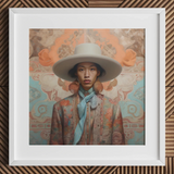 Iyaan - Gay Malay Cowboy Dandy Art Print / Canvas White Wide-brimmed Hat Blue Scarf Brown Patterned Jacket Elegant Malaysian Outlaw’s,