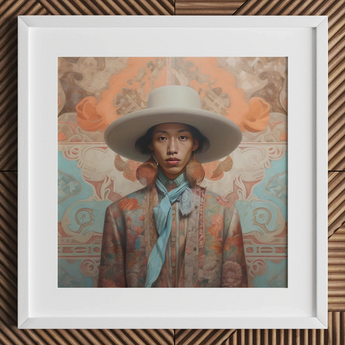 Iyaan - Gay Malay Cowboy Dandy Art Print / Canvas White Wide-brimmed Hat Blue Scarf Brown Patterned Jacket Elegant Malaysian Outlaw’s,